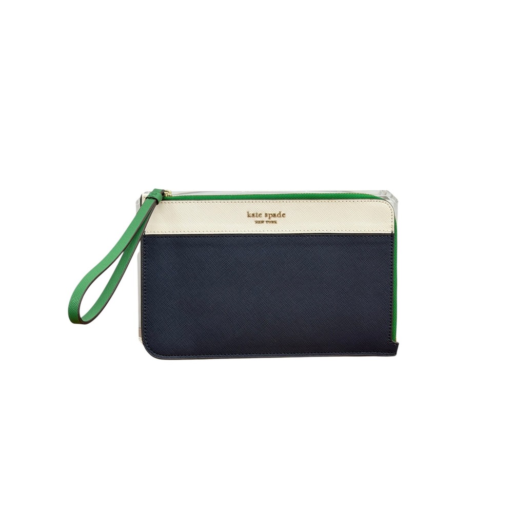 Kate Spade Cameron Wristlet NEW‎ Women Navy Green Colorblock Leather Zip Bag